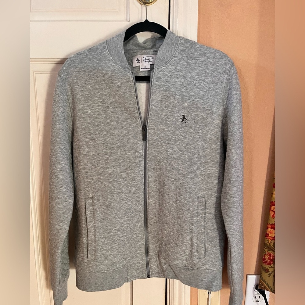 Original Penguin Gray Zip Up quilted textured Sweater with Ribbed Cuffs